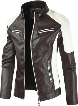 Mens Jacket Motorcycle Vintage Pu Stand Collar Coats Faux Leather Jackets Bomber Fashion Slim Fit Jacket Coat