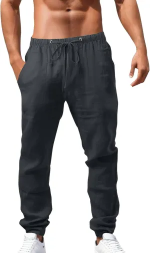 Mens Linen Beach Pants Lightweight Trousers Big and Tall Casual Lounge Drawstring Solid Color Pants with Pockets Chino Pant Black