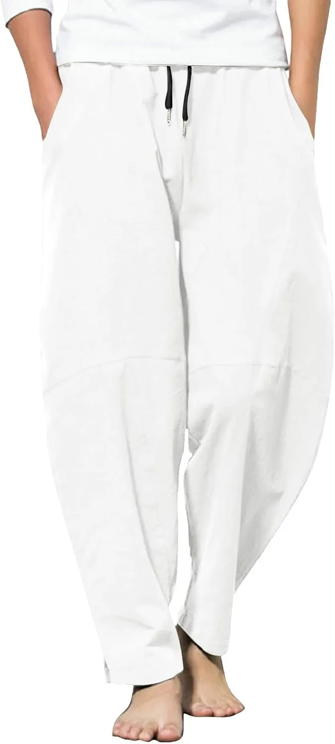 Mens Linen Beach Pants Plus Size Plain Outdoor Casual Pants Vacation Open Bottom Trousers Straight Leg Summer Slacks