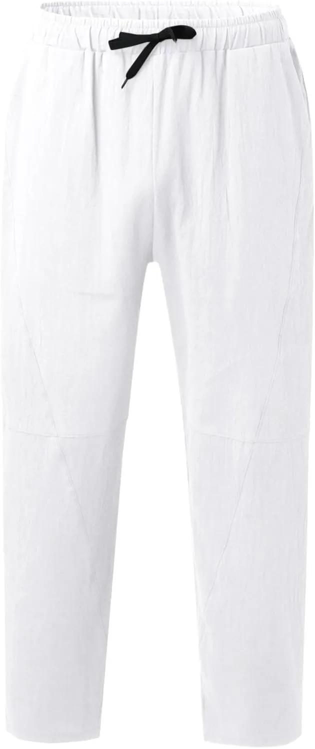 Mens Linen Beach Pants Plus Size Plain Outdoor Casual Pants Vacation Open Bottom Trousers Straight Leg Summer Slacks