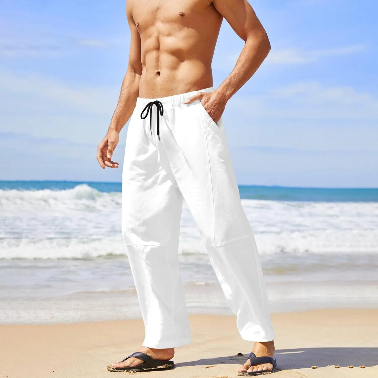 Mens Linen Beach Pants Plus Size Plain Outdoor Casual Pants Vacation Open Bottom Trousers Straight Leg Summer Slacks