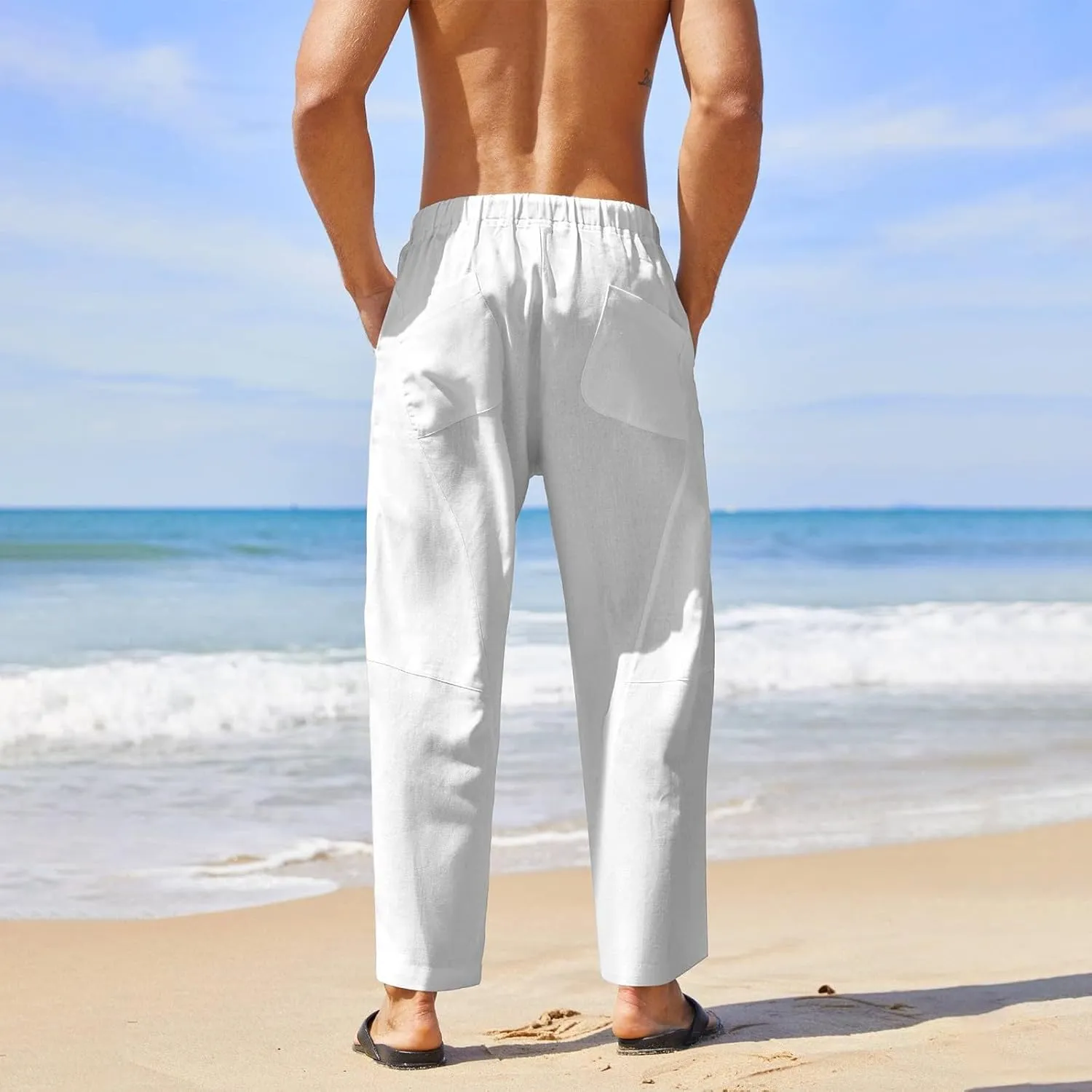 Mens Linen Beach Pants Plus Size Plain Outdoor Casual Pants Vacation Open Bottom Trousers Straight Leg Summer Slacks