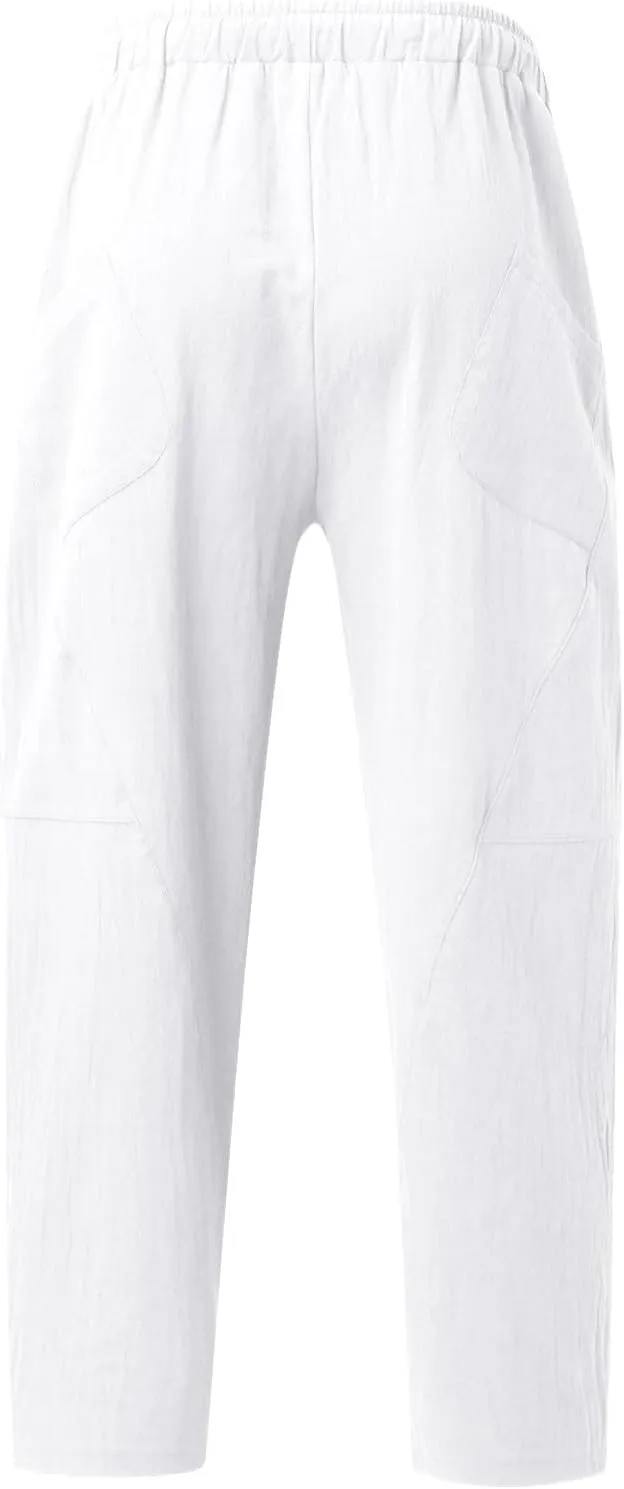 Mens Linen Beach Pants Plus Size Plain Outdoor Casual Pants Vacation Open Bottom Trousers Straight Leg Summer Slacks