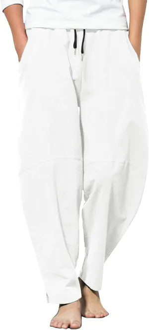 Mens Linen Beach Pants Plus Size Plain Outdoor Casual Pants Vacation Open Bottom Trousers Straight Leg Summer Slacks