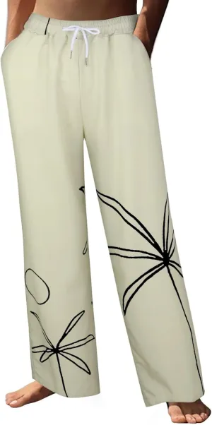 Mens Linen Beach Pants Tropical Plant Print Slacks Plus Size Summer Beach Vacation Casual Pants Open Bottom Trousers