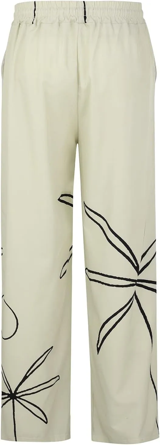 Mens Linen Beach Pants Tropical Plant Print Slacks Plus Size Summer Beach Vacation Casual Pants Open Bottom Trousers