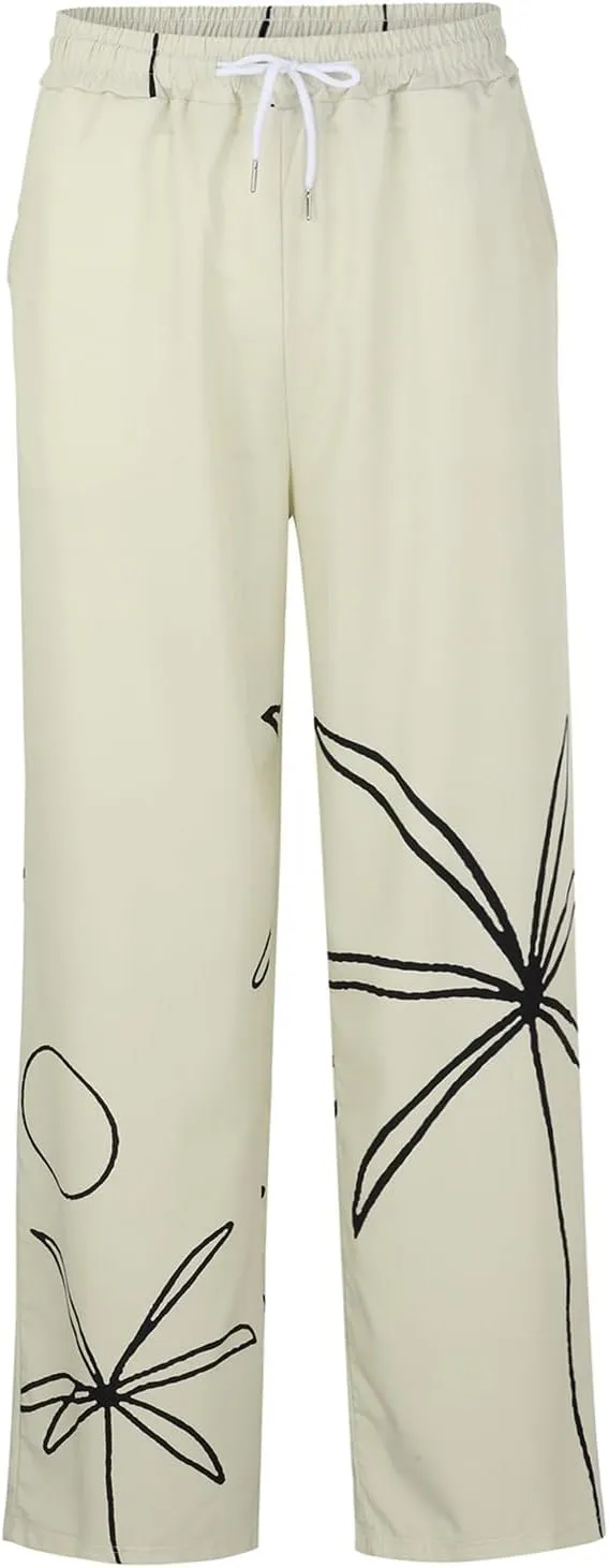 Mens Linen Beach Pants Tropical Plant Print Slacks Plus Size Summer Beach Vacation Casual Pants Open Bottom Trousers