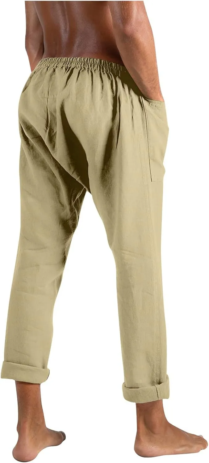 Mens Linen Pants Casual Loose Fit Drawstring Sweatpants Lightweight Elastic Waist Fashion Trousers with Pockets