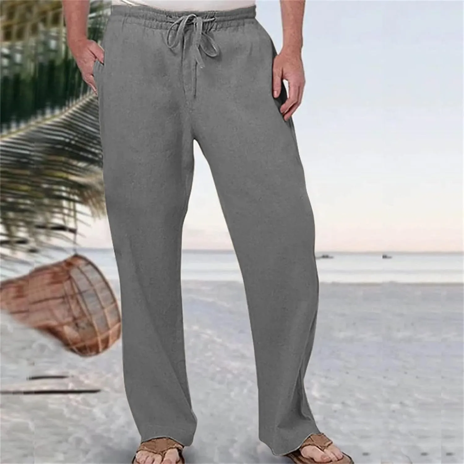 Men's Linen Pants Wide Straight Leg Joggers Regular Fit Pants Outdoor Hiking Trousers Summer Beach Yoga Pant