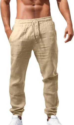 Mens Linen Pants Yoga Lightweight Beach Pants Loose Fit Joggers Casual Summer Hiking Trousers with Pockets Black Chino