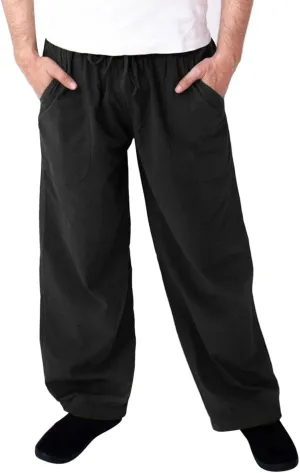 Mens Linen Straight Pants Drawstring Straight Elastic Waist Lightweight Casual Loose Pants Stretch Jogger Trousers