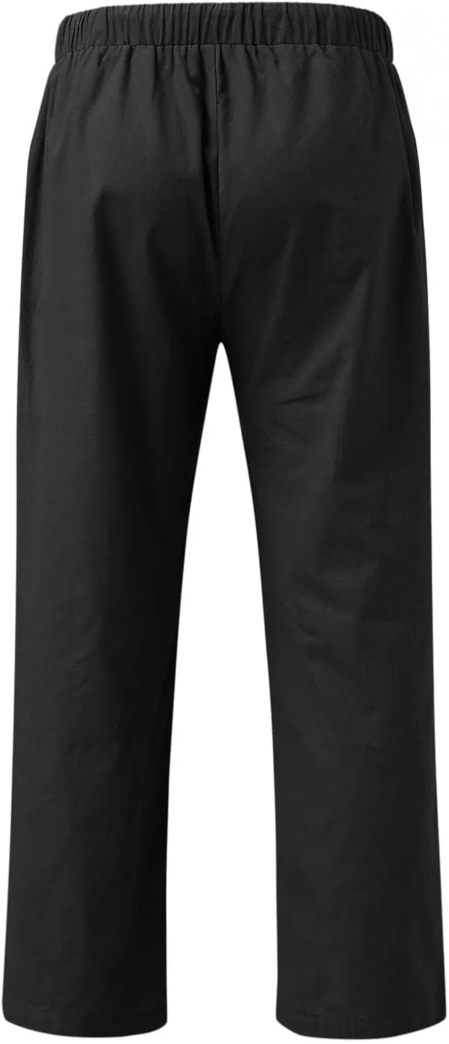Mens Linen Straight Pants Drawstring Straight Elastic Waist Lightweight Casual Loose Pants Stretch Jogger Trousers