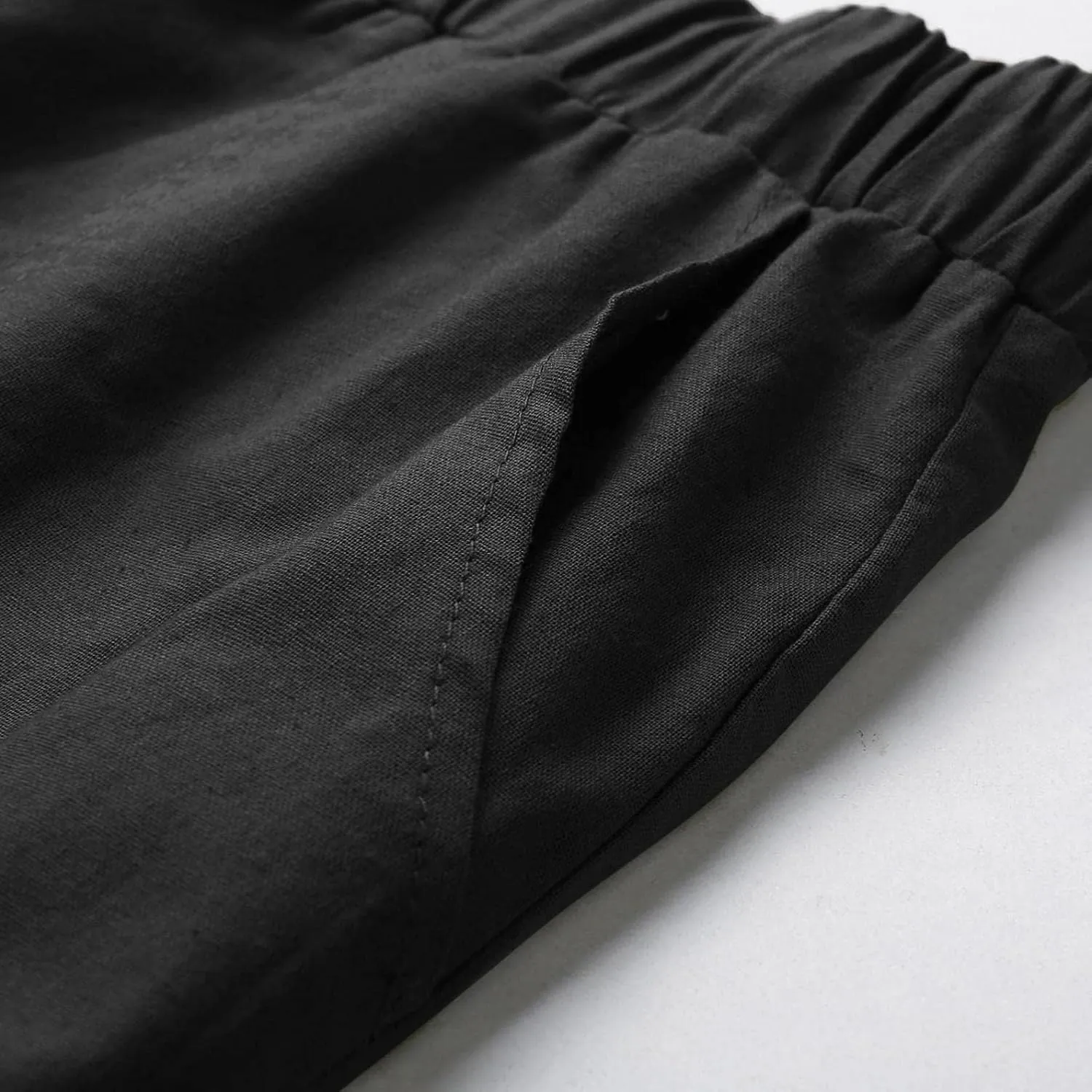 Mens Linen Straight Pants Drawstring Straight Elastic Waist Lightweight Casual Loose Pants Stretch Jogger Trousers