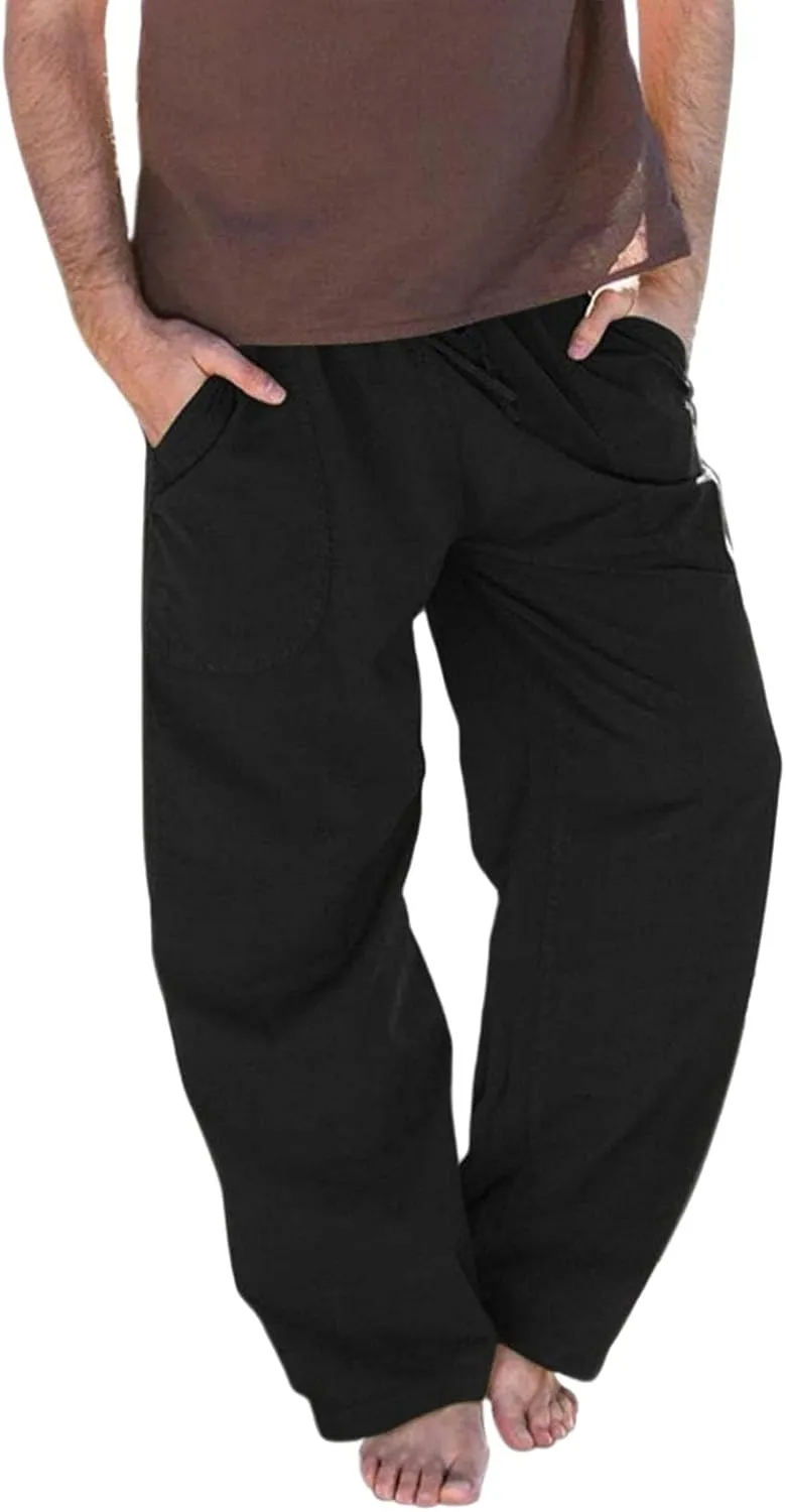 Mens Linen Straight Pants Drawstring Straight Elastic Waist Lightweight Casual Loose Pants Stretch Jogger Trousers