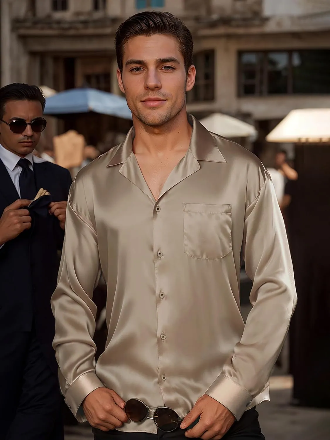Mens Luxury Satin Silk Dress Shirts Wrinkle Free Casual Button Down Long Sleeve Shirt Prom Wedding Shirt