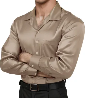 Mens Luxury Satin Silk Dress Shirts Wrinkle Free Casual Button Down Long Sleeve Shirt Prom Wedding Shirt