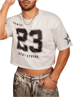 Men's Number Letter Graphic Oversized Jersey Shirt Crew Neck Short Sleeve Crop Tee Tops