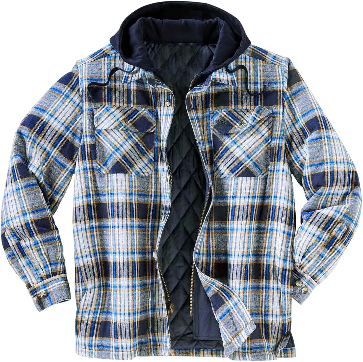 Mens Plaid Jacket with Hood Men's Flannel Shirt Warm Quilted Lined Hooded Long Sleeve Jackets S-5XL