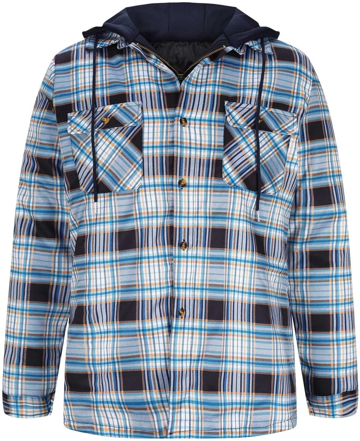 Mens Plaid Jacket with Hood Men's Flannel Shirt Warm Quilted Lined Hooded Long Sleeve Jackets S-5XL