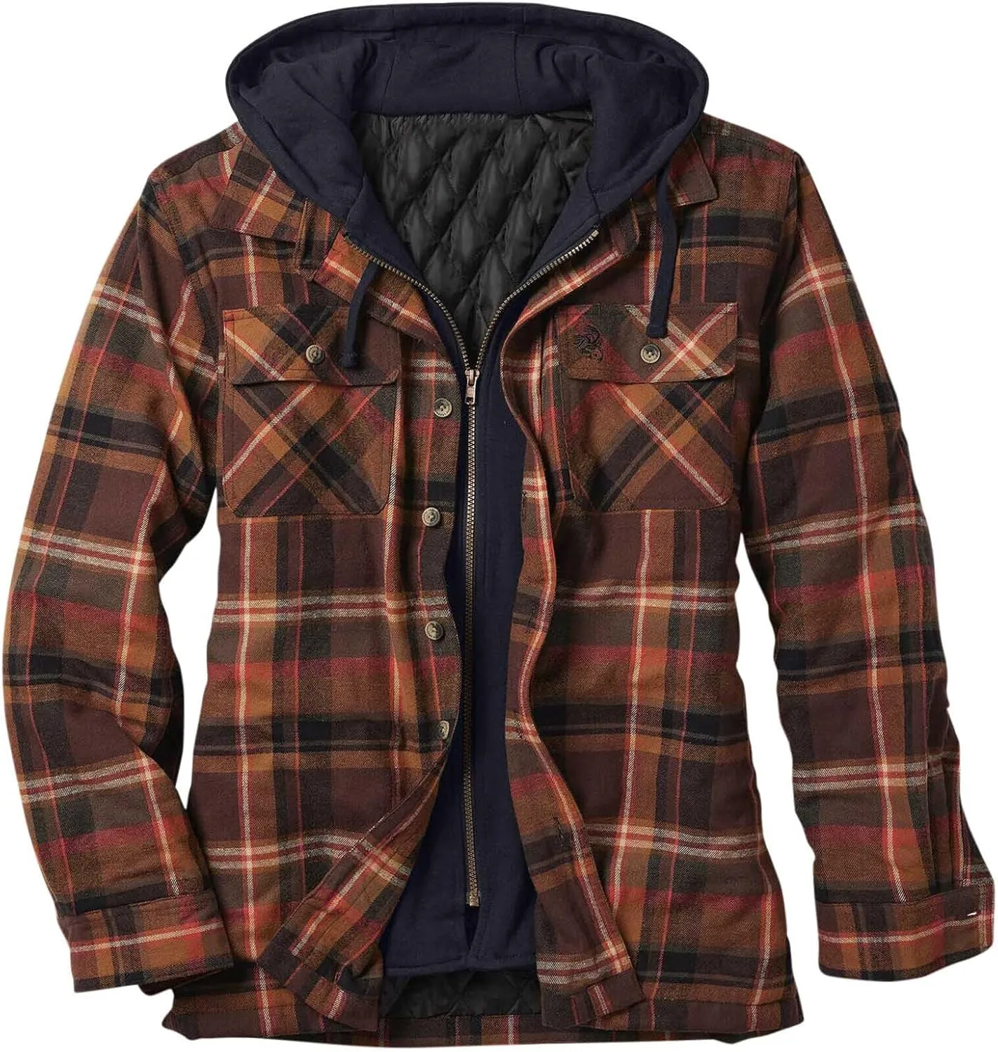Mens Plaid Jacket with Hood Men's Flannel Shirt Warm Quilted Lined Hooded Long Sleeve Jackets S-5XL