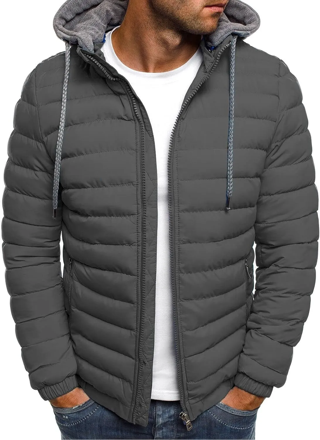 Mens Puffer Jacket Winter Warm Hooded Quilted Down Jacket Outerwear Lightweight Zip Up Insulated Padded Coat