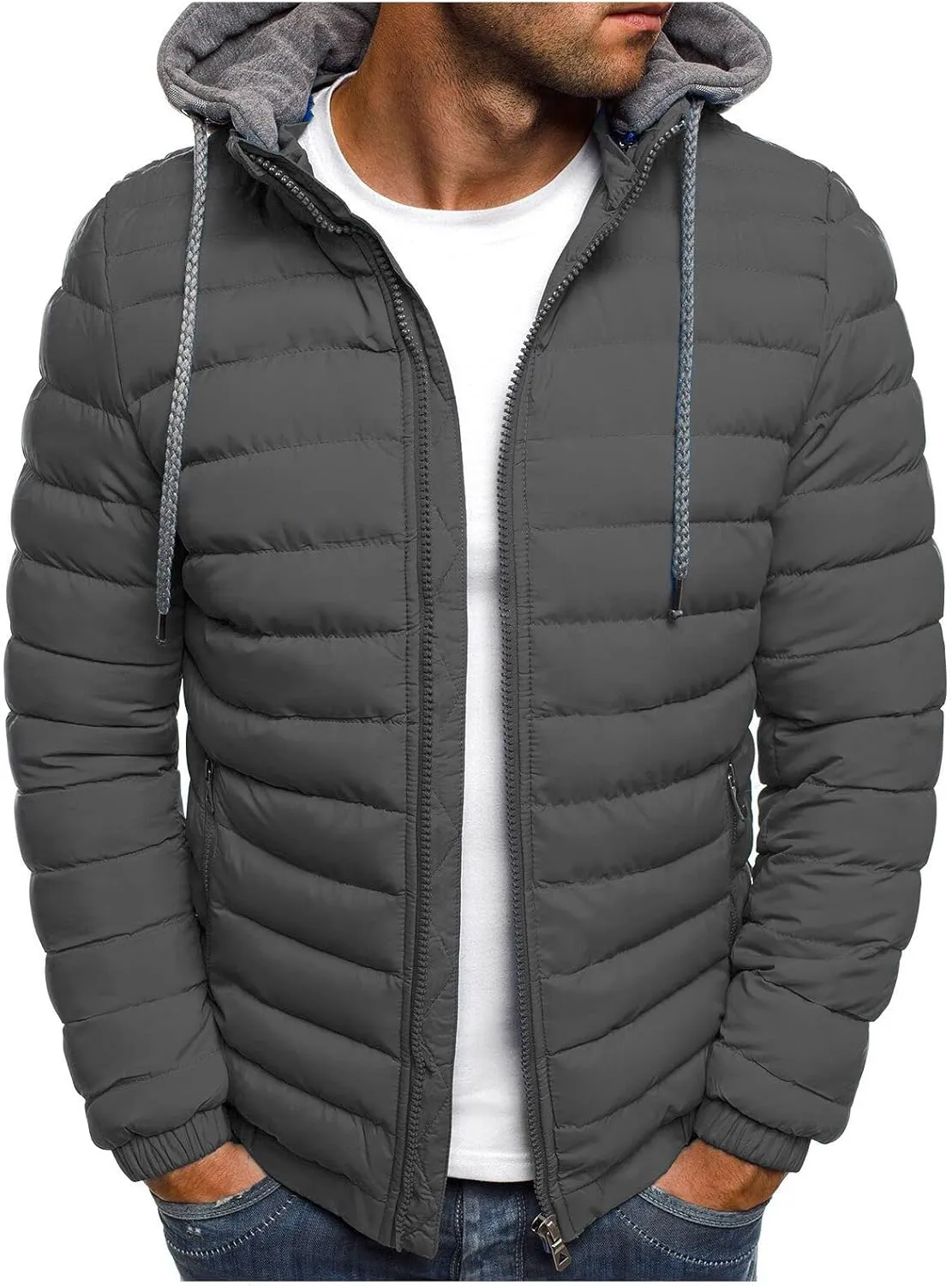 Mens Puffer Jacket Winter Warm Hooded Quilted Down Jacket Outerwear Lightweight Zip Up Insulated Padded Coat