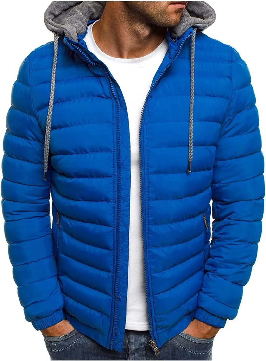 Mens Puffer Jacket Winter Warm Hooded Quilted Down Jacket Outerwear Lightweight Zip Up Insulated Padded Coat