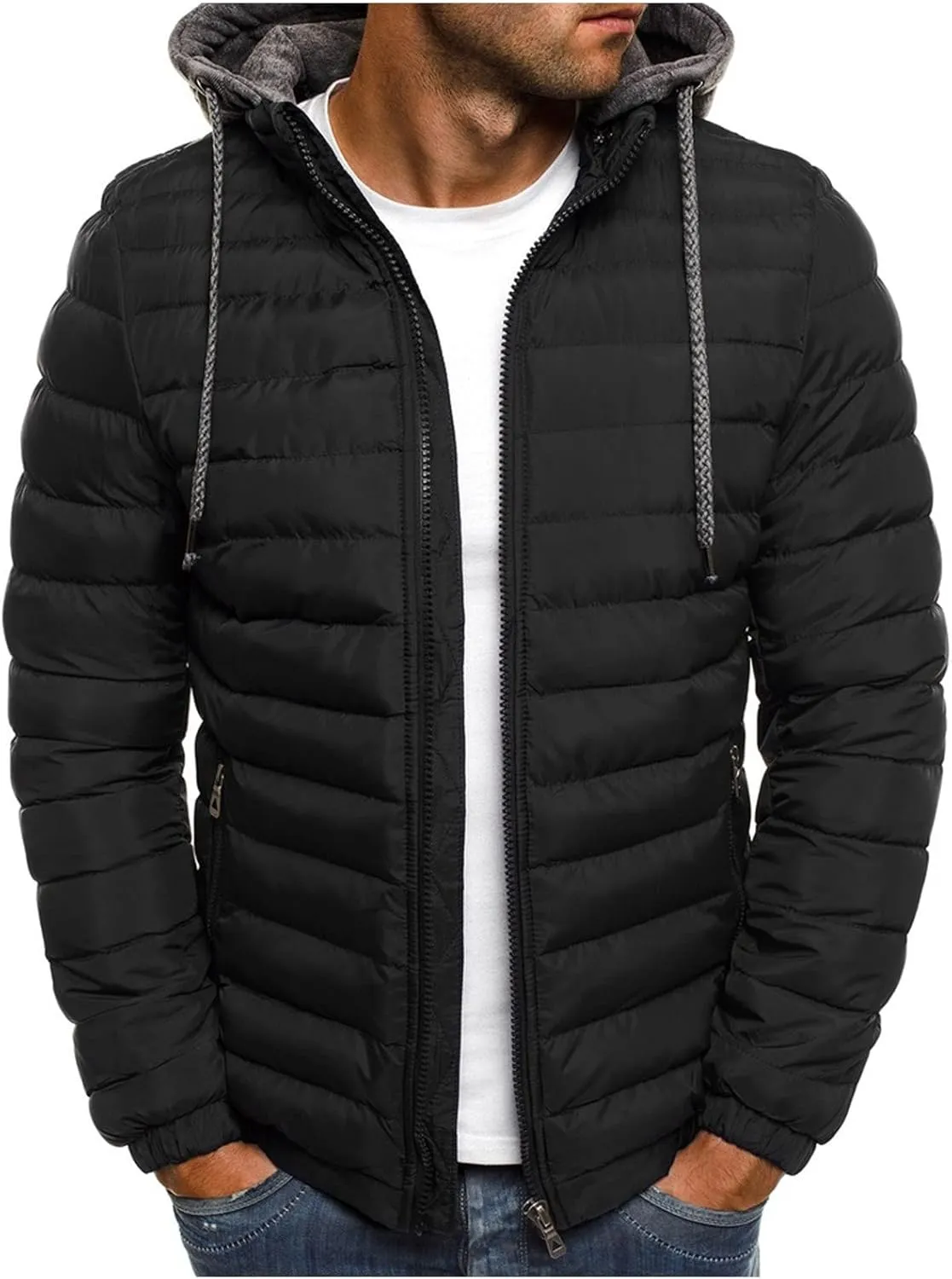 Mens Puffer Jacket Winter Warm Hooded Quilted Down Jacket Outerwear Lightweight Zip Up Insulated Padded Coat