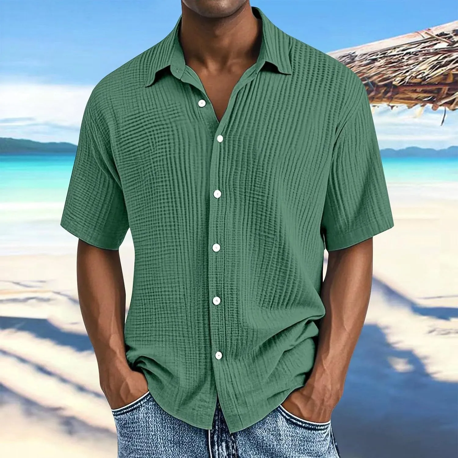 Mens Shirts, Casual Button Down Summer Tops Cozy Textured Shirts for Men Lightweight Vacation Beach Shirt