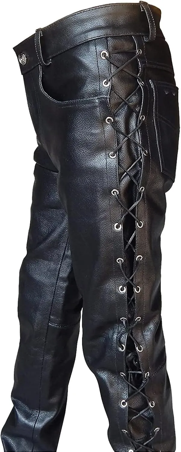 Men's Steampunk Lace Up Multi Pockets Motorcycle Faux Leather Pants Workwear PU Faux Leather Cargo Pants Biker Joggers
