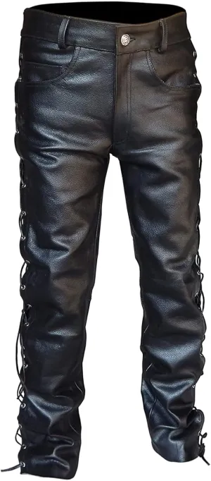 Men's Steampunk Lace Up Multi Pockets Motorcycle Faux Leather Pants Workwear PU Faux Leather Cargo Pants Biker Joggers