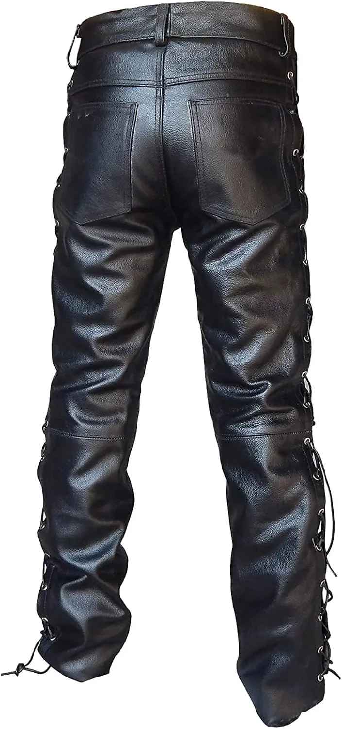 Men's Steampunk Lace Up Multi Pockets Motorcycle Faux Leather Pants Workwear PU Faux Leather Cargo Pants Biker Joggers