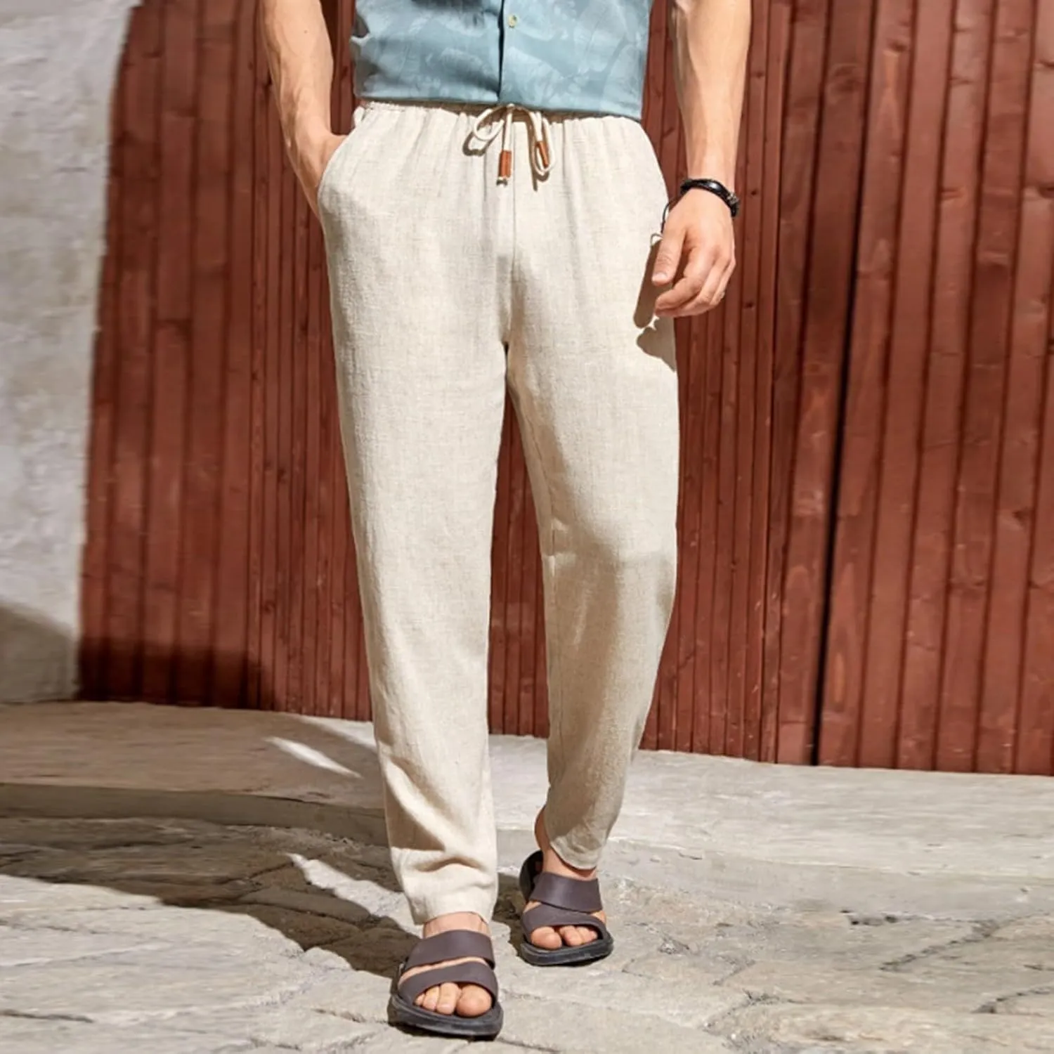 Men's Summer Beach Linen Pants Lightweight Casual Vacation Slacks Elastic Waist Drawstring Yoga Trousers with Pockets