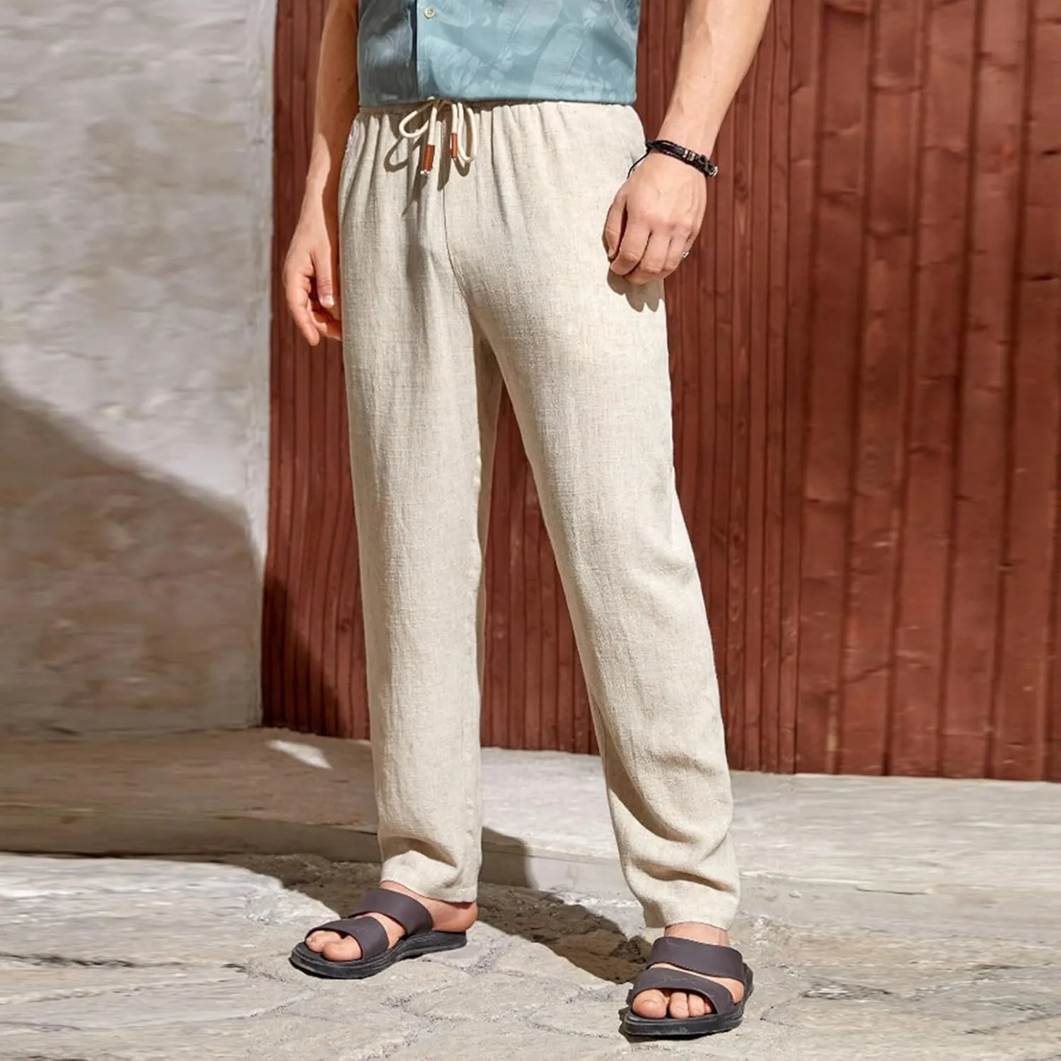 Men's Summer Beach Linen Pants Lightweight Casual Vacation Slacks Elastic Waist Drawstring Yoga Trousers with Pockets