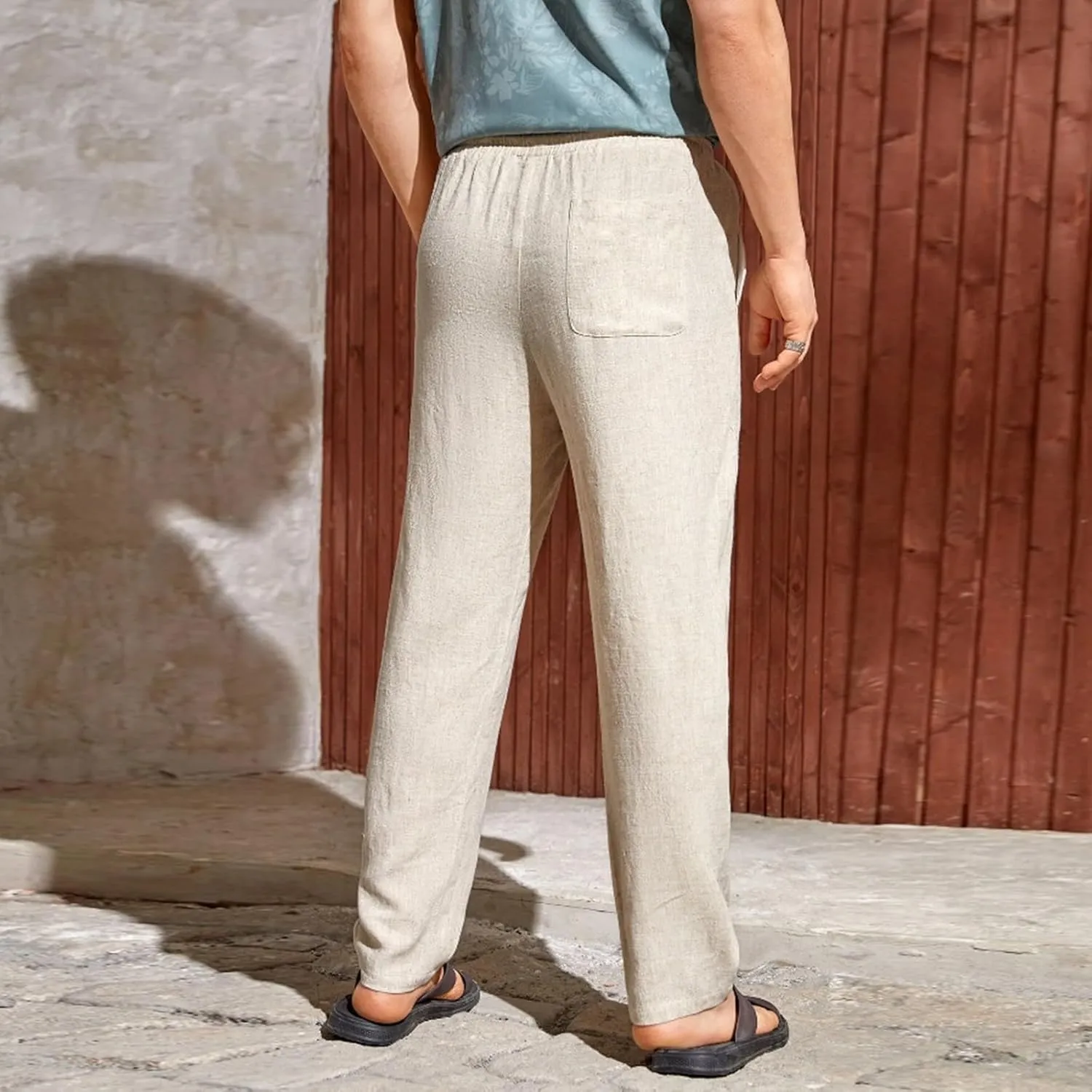 Men's Summer Beach Linen Pants Lightweight Casual Vacation Slacks Elastic Waist Drawstring Yoga Trousers with Pockets