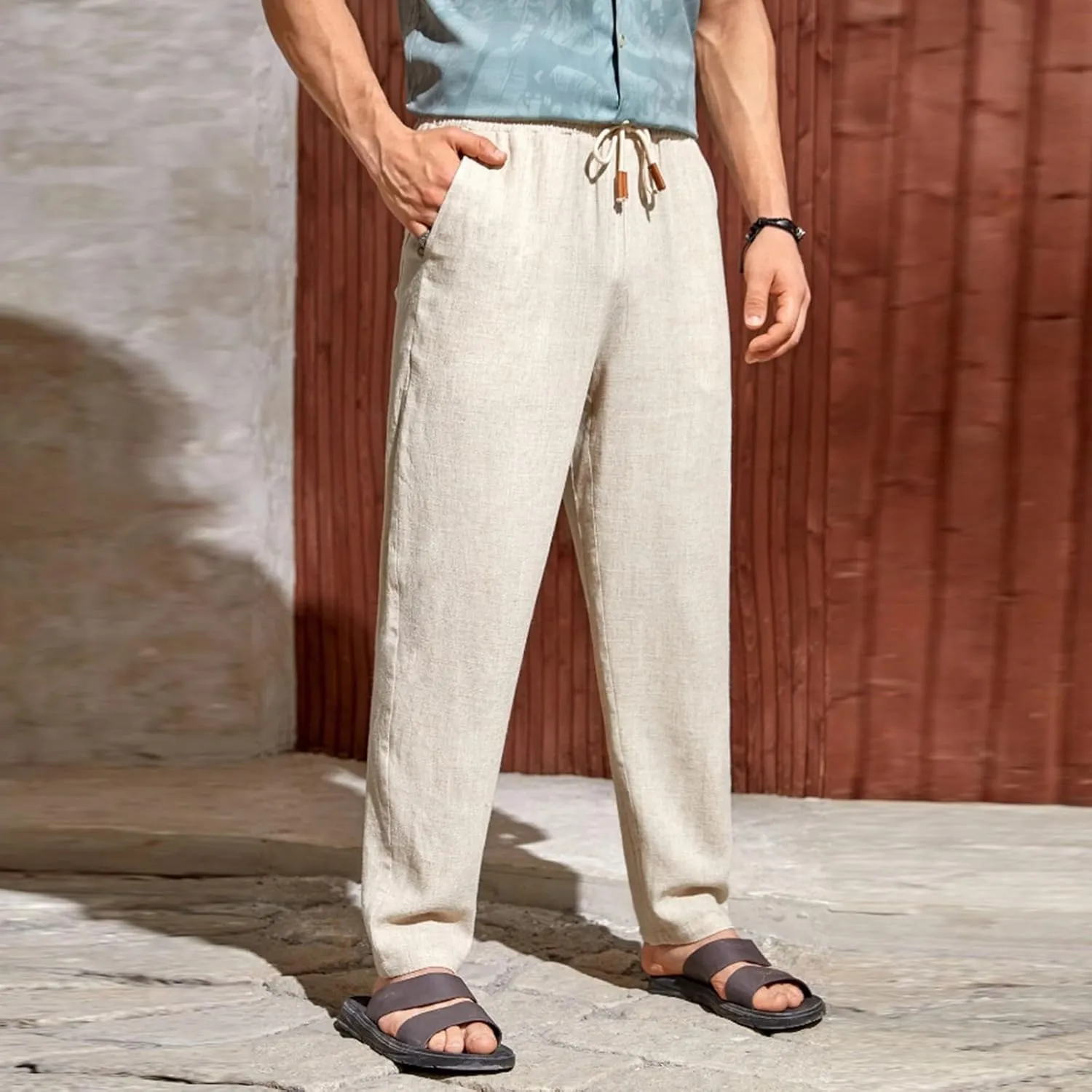 Men's Summer Beach Linen Pants Lightweight Casual Vacation Slacks Elastic Waist Drawstring Yoga Trousers with Pockets