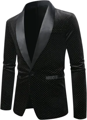Men's Velvet Blazer Shawl Lapel One Button Suit Jacket Stylish Polka Dot Wedding Tuxedo for Dinner Prom Party Disco