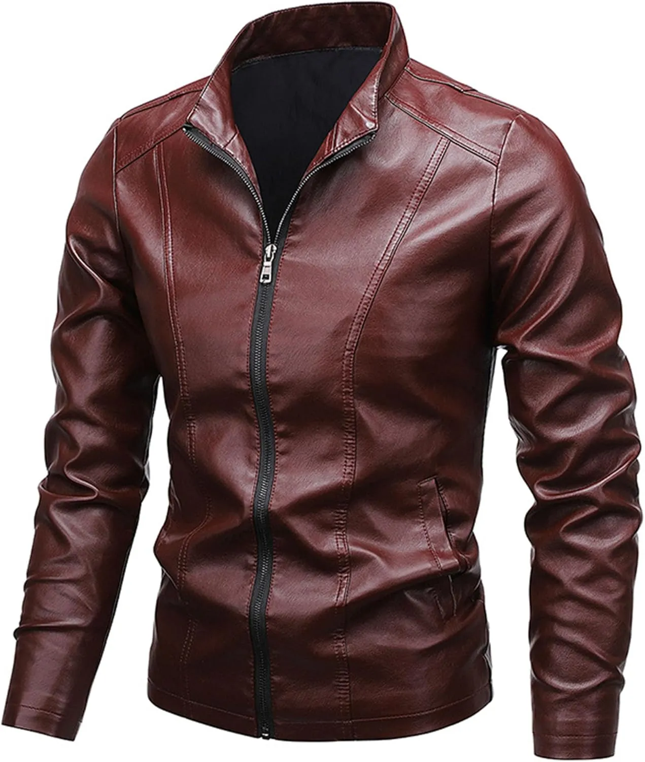 Men's Vintage Casual Leather Jackets Stand Collar Faux Leather Jacket Coat Lightweight Slim Fit Bomber Jacket