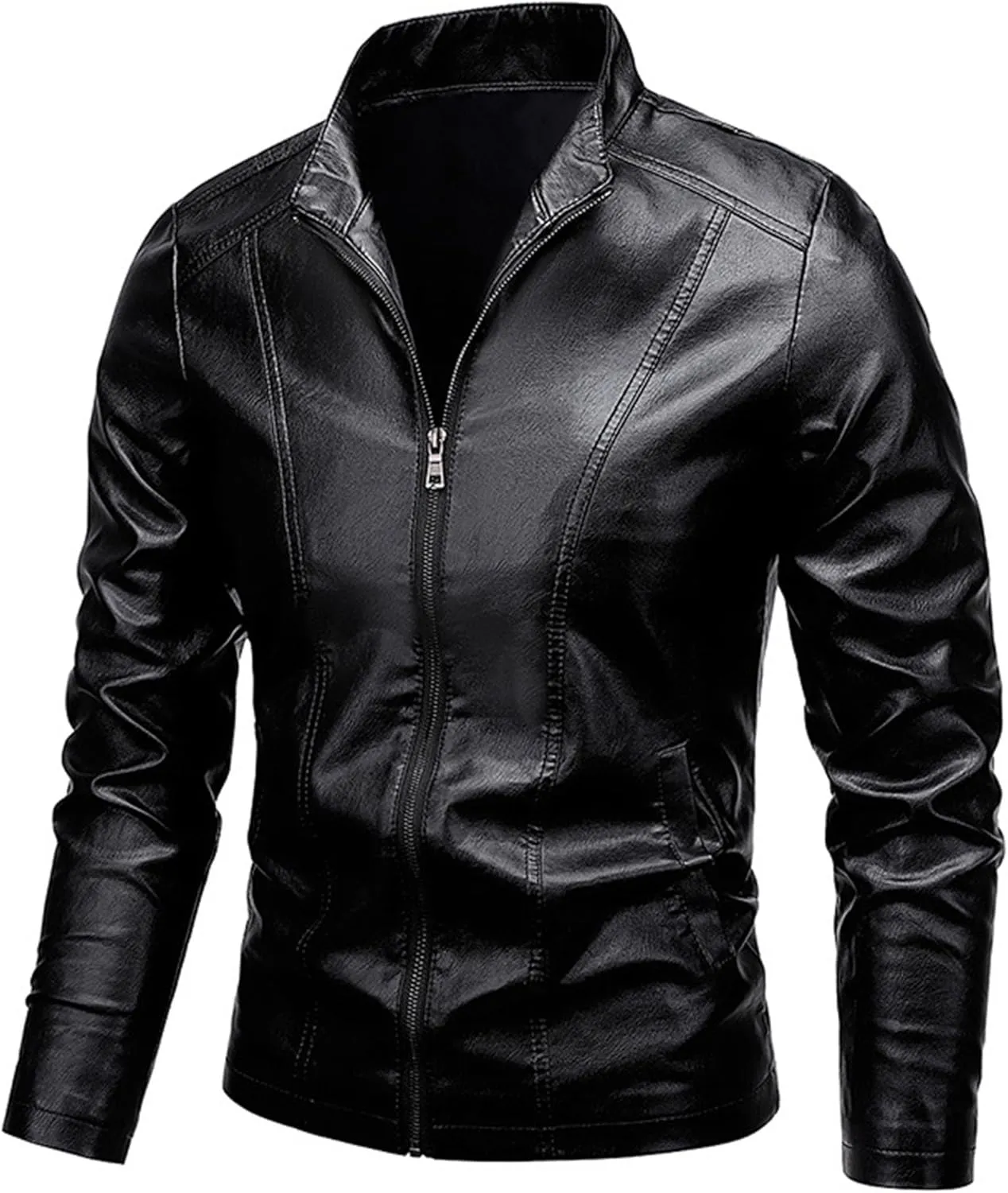 Men's Vintage Casual Leather Jackets Stand Collar Faux Leather Jacket Coat Lightweight Slim Fit Bomber Jacket