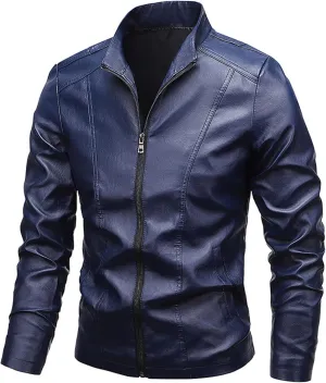 Men's Vintage Casual Leather Jackets Stand Collar Faux Leather Jacket Coat Lightweight Slim Fit Bomber Jacket