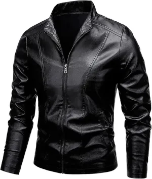 Men's Vintage Casual Leather Jackets Stand Collar Faux Leather Jacket Coat Lightweight Slim Fit Bomber Jacket