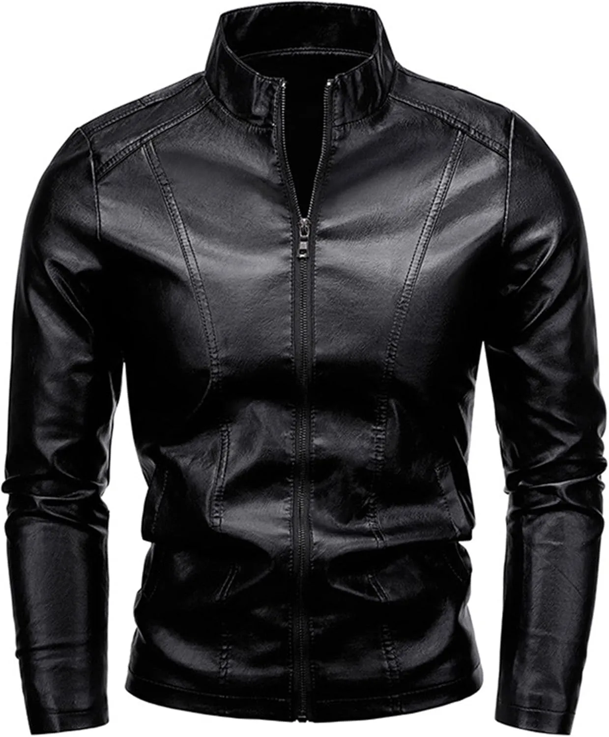 Men's Vintage Casual Leather Jackets Stand Collar Faux Leather Jacket Coat Lightweight Slim Fit Bomber Jacket