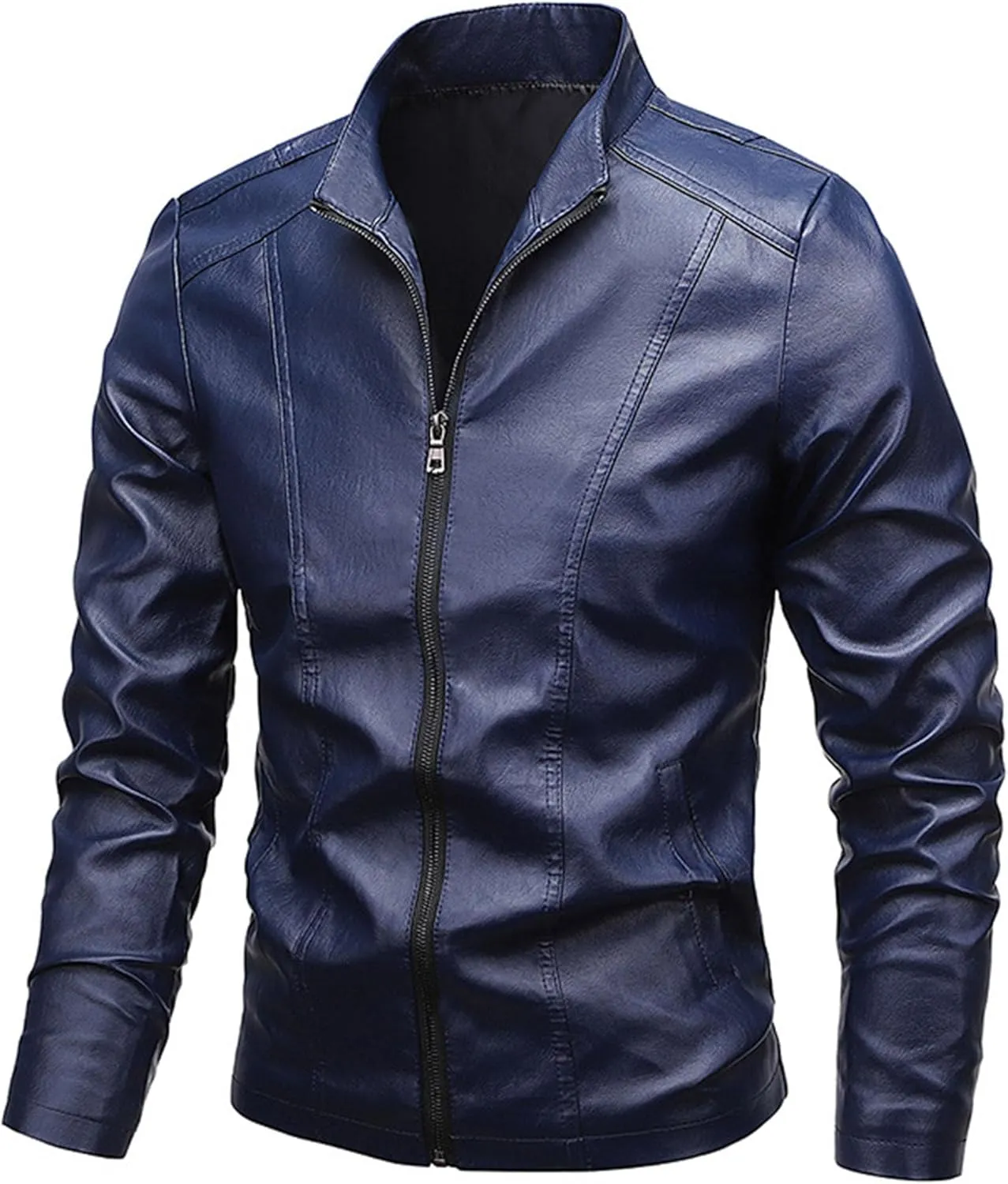 Men's Vintage Casual Leather Jackets Stand Collar Faux Leather Jacket Coat Lightweight Slim Fit Bomber Jacket