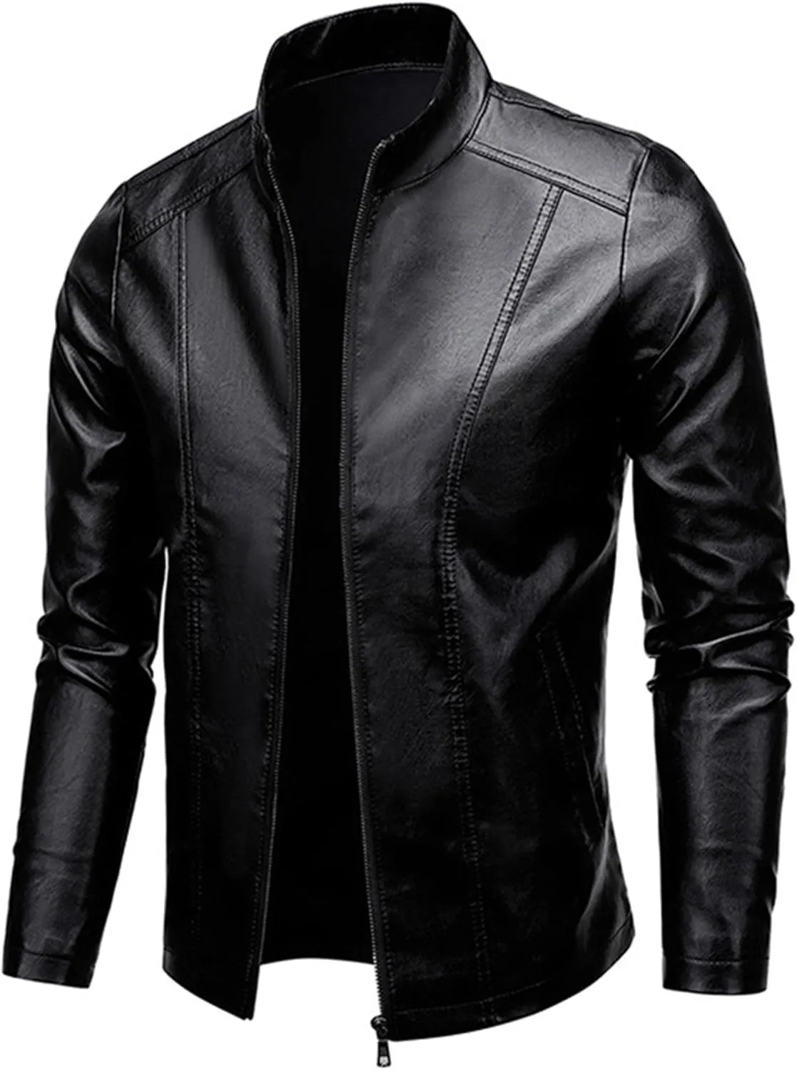 Men's Vintage Casual Leather Jackets Stand Collar Faux Leather Jacket Coat Lightweight Slim Fit Bomber Jacket