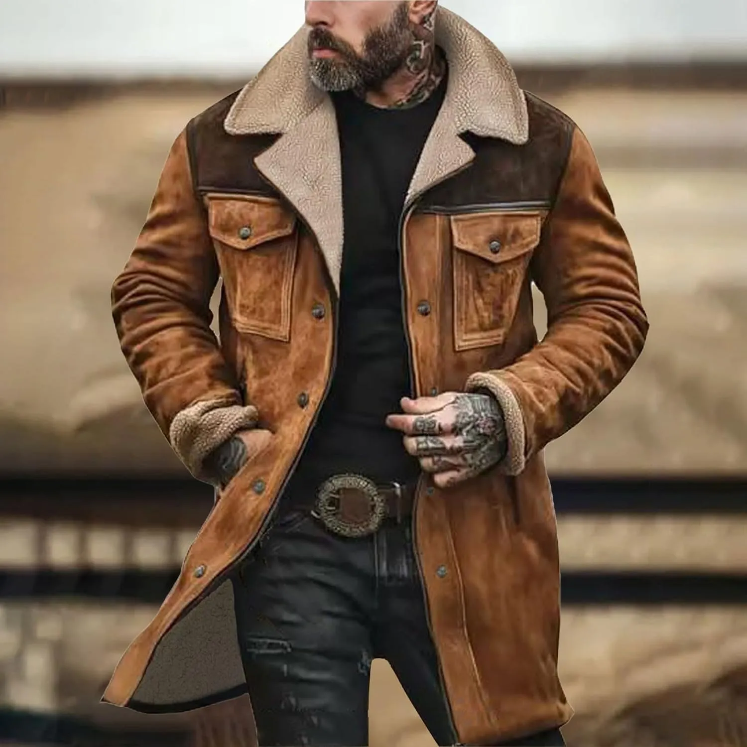 Men's Vintage Suede Jacket Plush Collar Coats Faux Leather Jacket Men Zip Up Motorcycle Jacket Coats Retro Tops