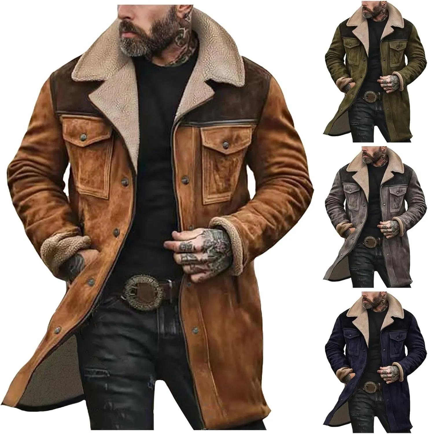 Men's Vintage Suede Jacket Plush Collar Coats Faux Leather Jacket Men Zip Up Motorcycle Jacket Coats Retro Tops
