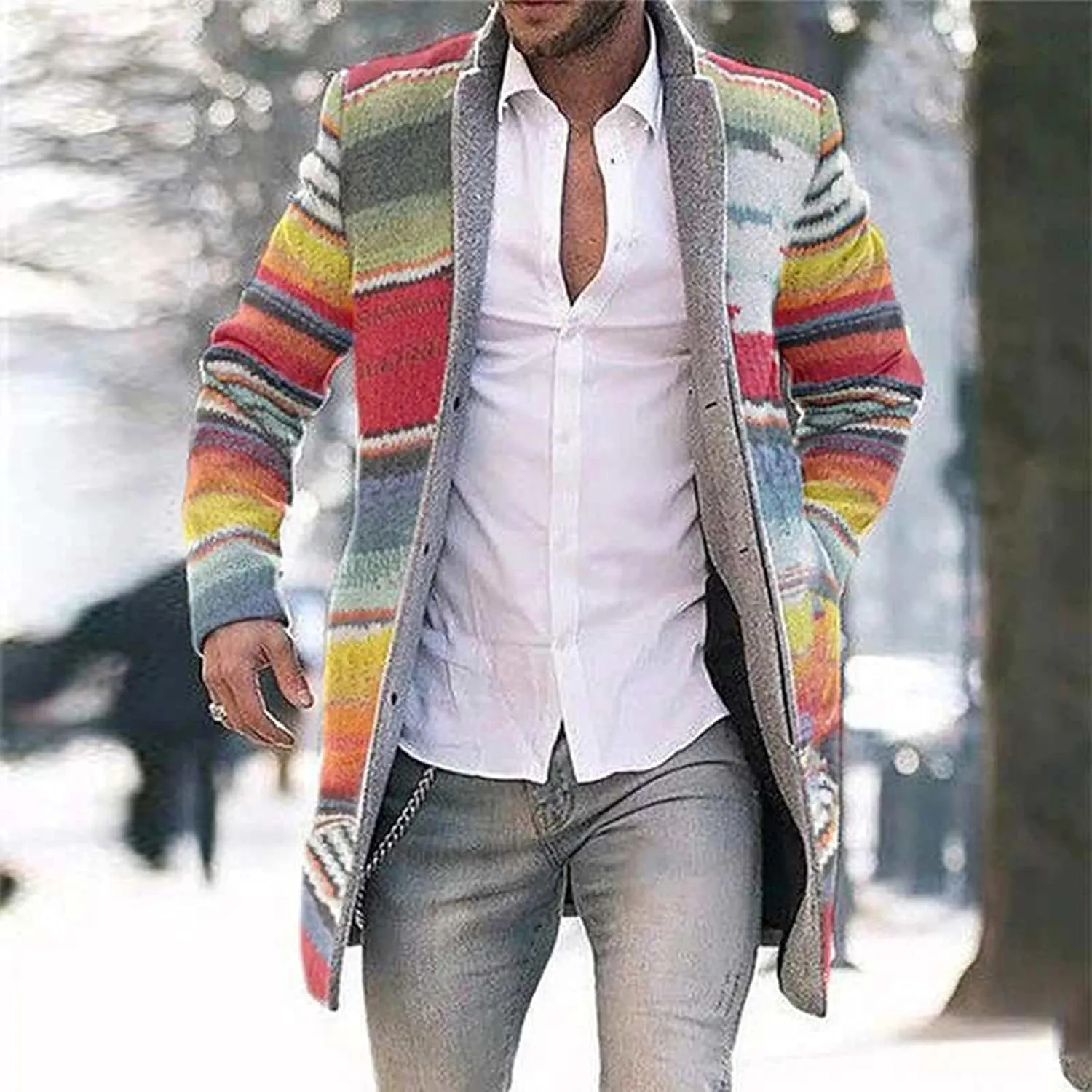 Mens Woolen Blend Jacket Double Breasted Trench Coat Lapel Mid Length Peacoat Winter Outerwear