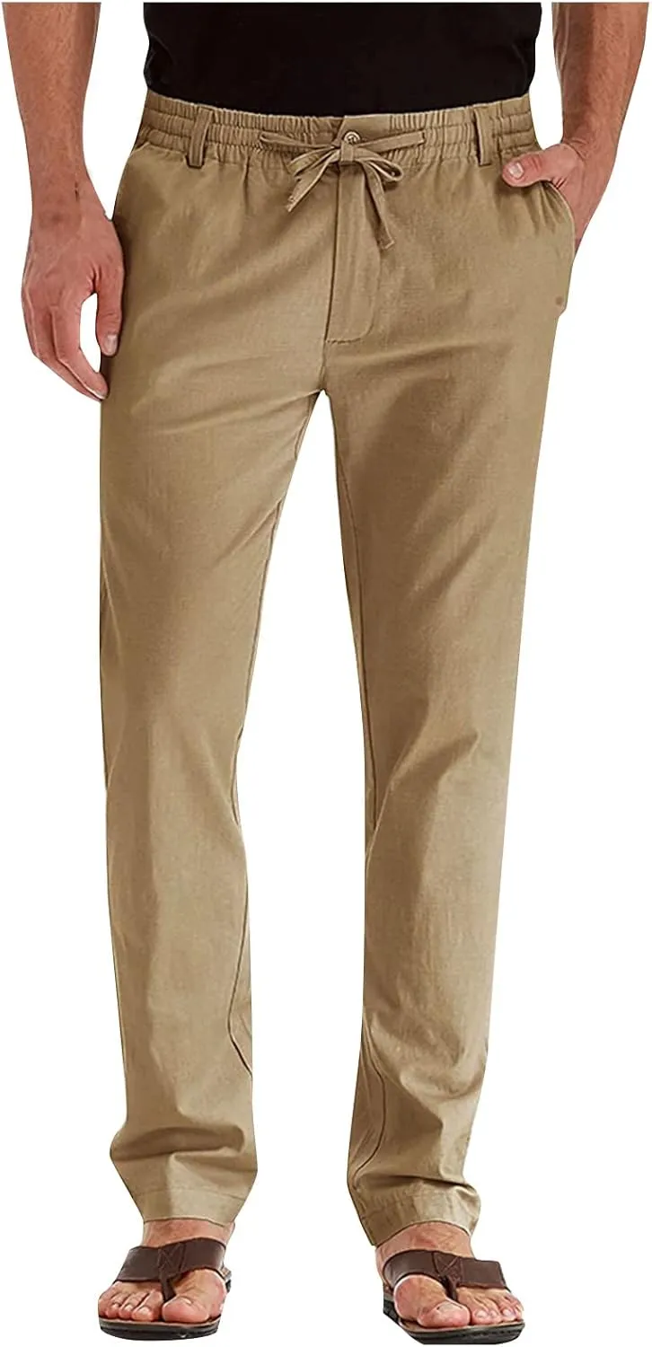 Mens Work Pants Drawstring Elastic Waist Business Casual Trousers Loose Straight Leg Summer Pull On Pants with Pocket