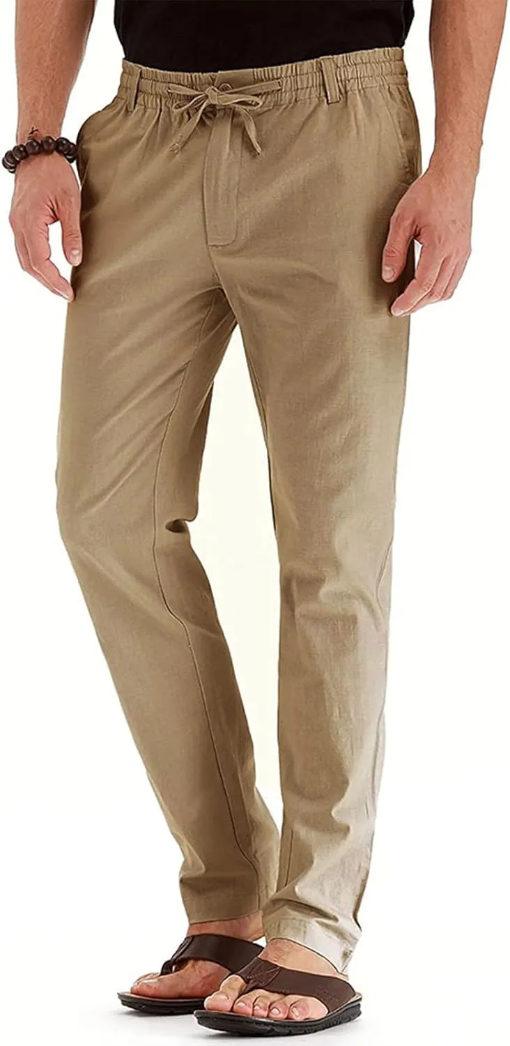 Mens Work Pants Drawstring Elastic Waist Business Casual Trousers Loose Straight Leg Summer Pull On Pants with Pocket