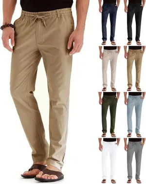 Mens Work Pants Drawstring Elastic Waist Business Casual Trousers Loose Straight Leg Summer Pull On Pants with Pocket